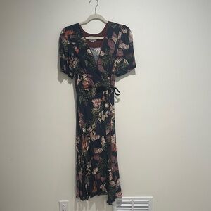Floral Wrap Midi Dress in Navy with Burgundy Accents